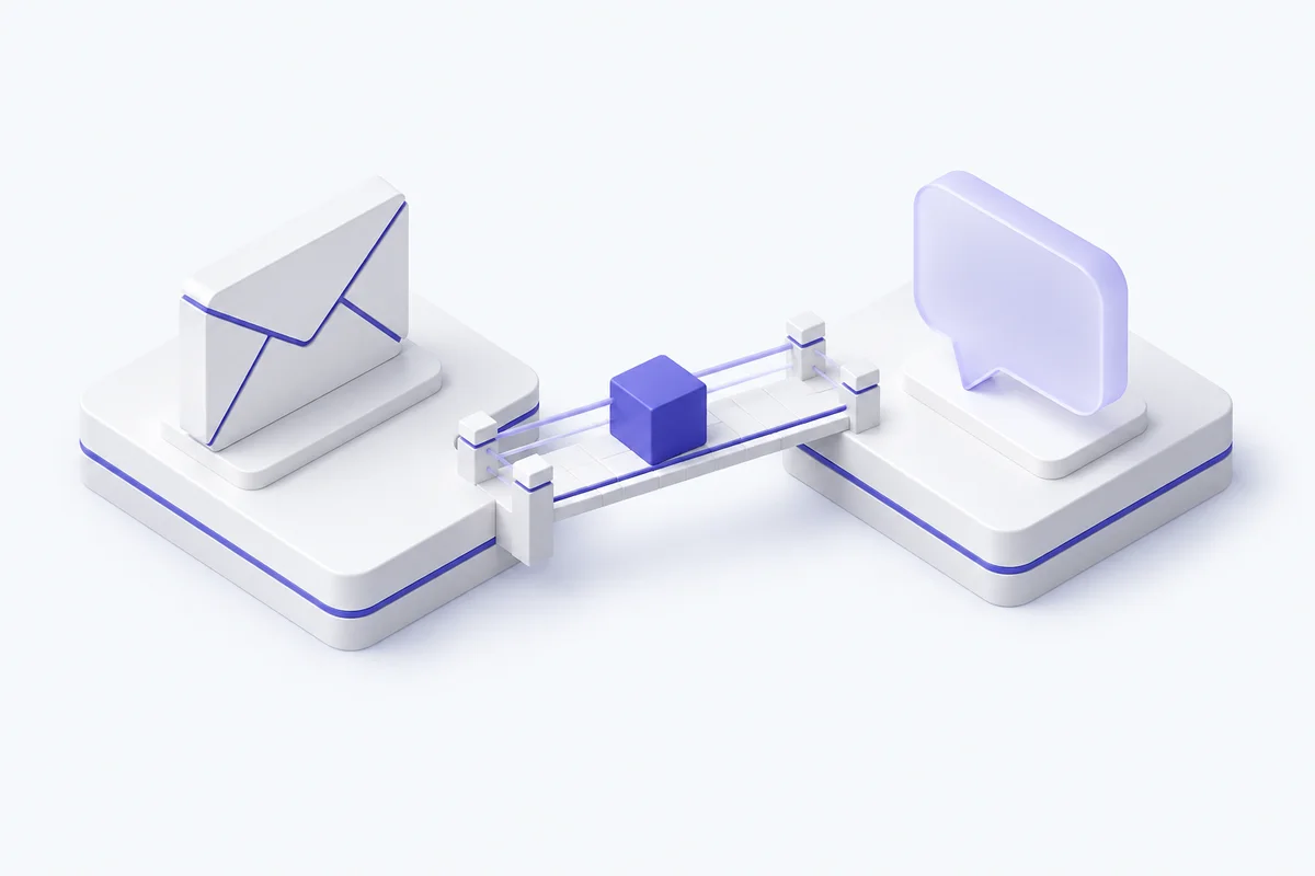 Jembatan platform isometrik yang menghubungkan pesan dan komunikasi bisnis