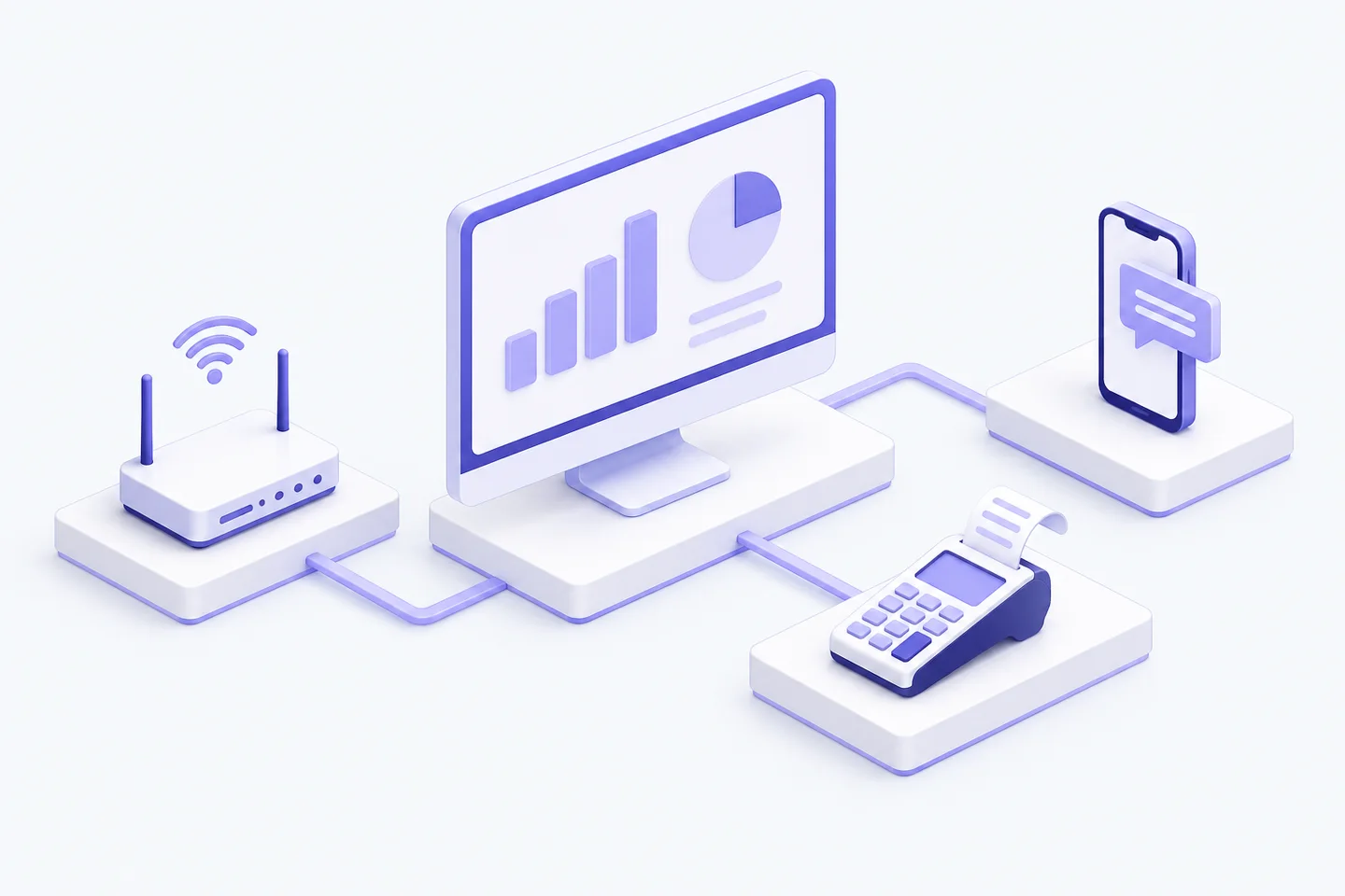Ekosistem isometrik yang menghubungkan software, jaringan ISP, komunikasi, dan pembayaran